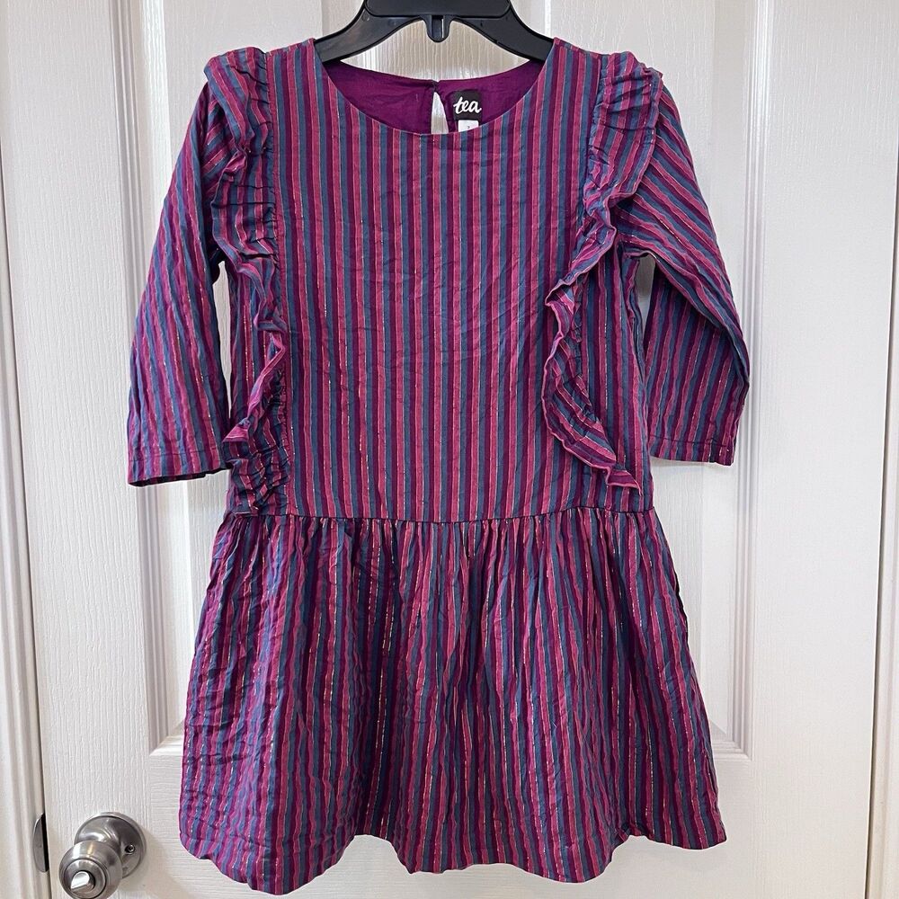 Tea Collection Purple Metallic Stripe Ruffle Dress Girls Size 7